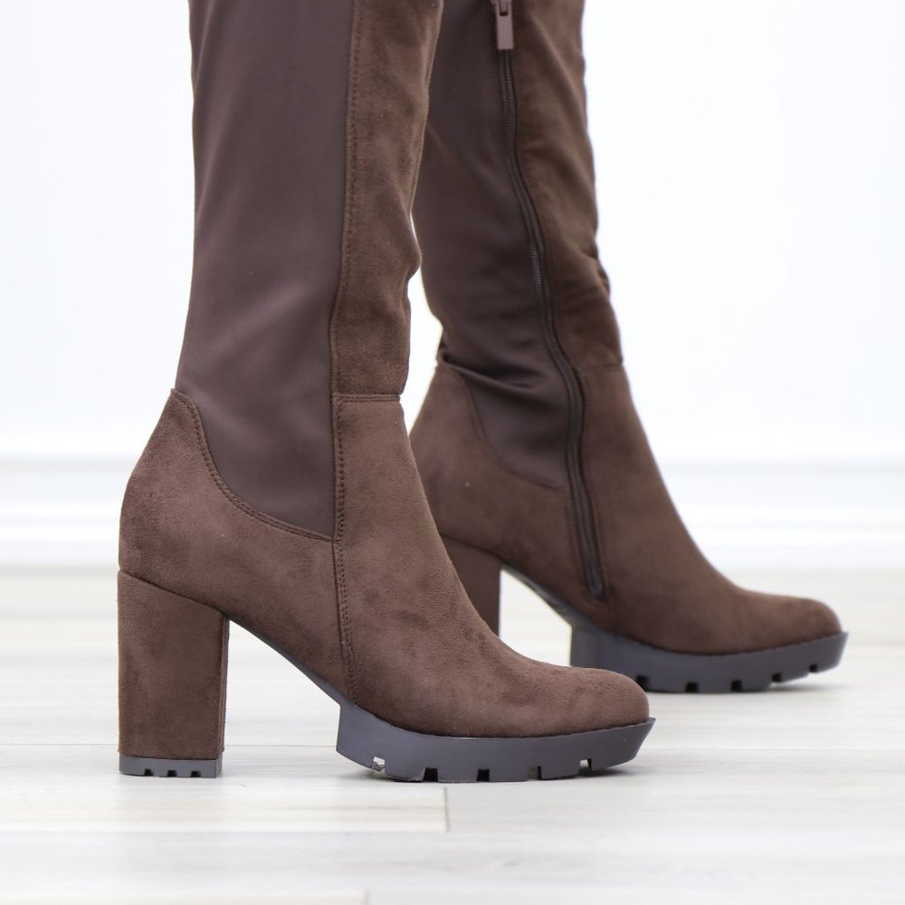 Brown Thigh High Over The Knee Lug Block Heel Boots Faux Suede Round Toe - Picture 5 of 16